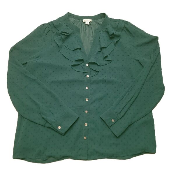 J. Crew Tops - J.CREW Womens M  Top Ruffle Clip Dot Button Down Lined Blouse Green